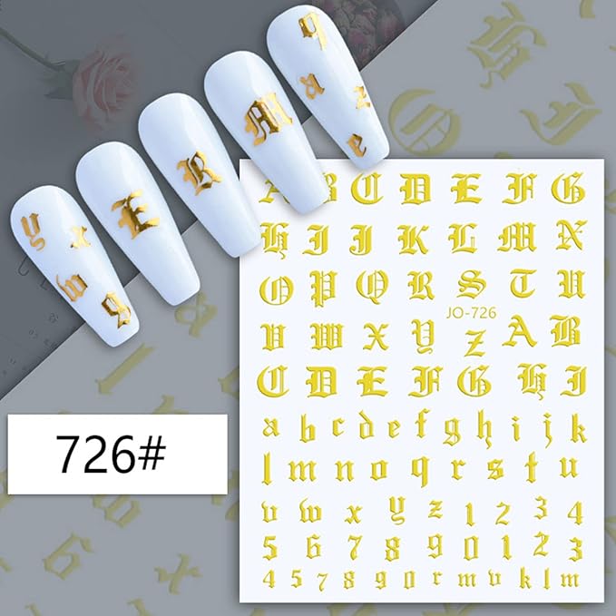 12 Colors Old English Nail Art Stickers, 3D Letters Self-Adhesive Sticker Design, Laser Gold Silver Red Black White Pink Yellow Green Alphabet Nail Transfer Decals for Women Manicure Decorations
