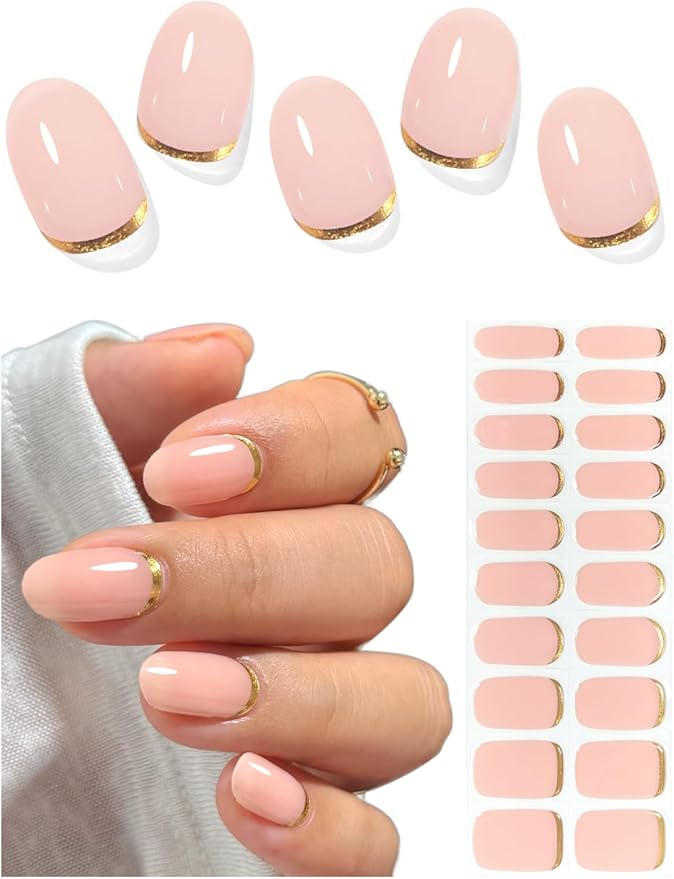 Semi Cured Gel Nail Strips (Gold End), Gold Foil Line Design, Nude, 20 Pcs Gel Nail Wraps, Stickers, UV Light Required, Salon Quality, Long Lasting
