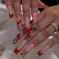 3D Cherry Press on Nails Long Square Fake Nails Red French Tip False Nails Leopard 3D Ripple Rhinestone Design Medium Full Cover Glossy Acrylic Nails for Women 24PCS