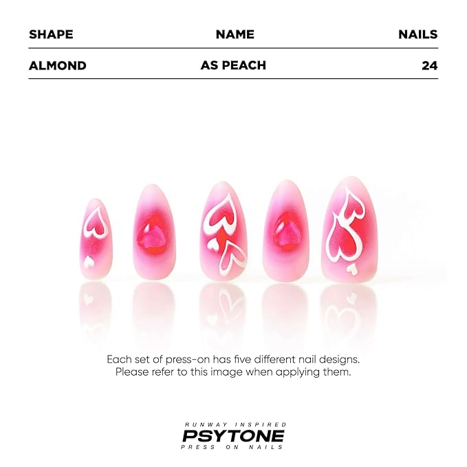PSYTONE Red Press on Nails Tips Coffin Long Leaf Fake Nails Bling Pink Nalis Heart Full Cover False Nails for Women and Girls 30 PCS