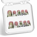 Handmade Press on Nails Short Duck Shaped Fake Nails Green White Gradient Stick on Nail Luxury 3D Flowers False Nails Designs French Tip Thick and Muti-Layer Gel Acrylic Nail for Women（S)