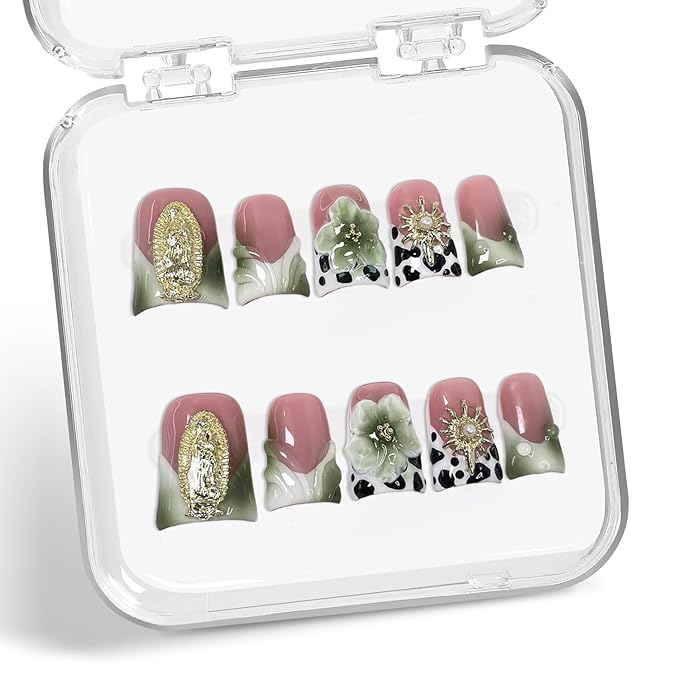 Handmade Press on Nails Short Duck Shaped Fake Nails Green White Gradient Stick on Nail Luxury 3D Flowers False Nails Designs French Tip Thick and Muti-Layer Gel Acrylic Nail for Women（S)