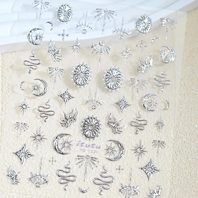 Silver Nail Stickers Star Moon Nail Supplies 5D Embossed Totem Nails Designs 3D Self-Adhesive Snake Nail Decals Sun Flame Nail Art Decoration for Women Girls DIY Manicure 1 Sheet