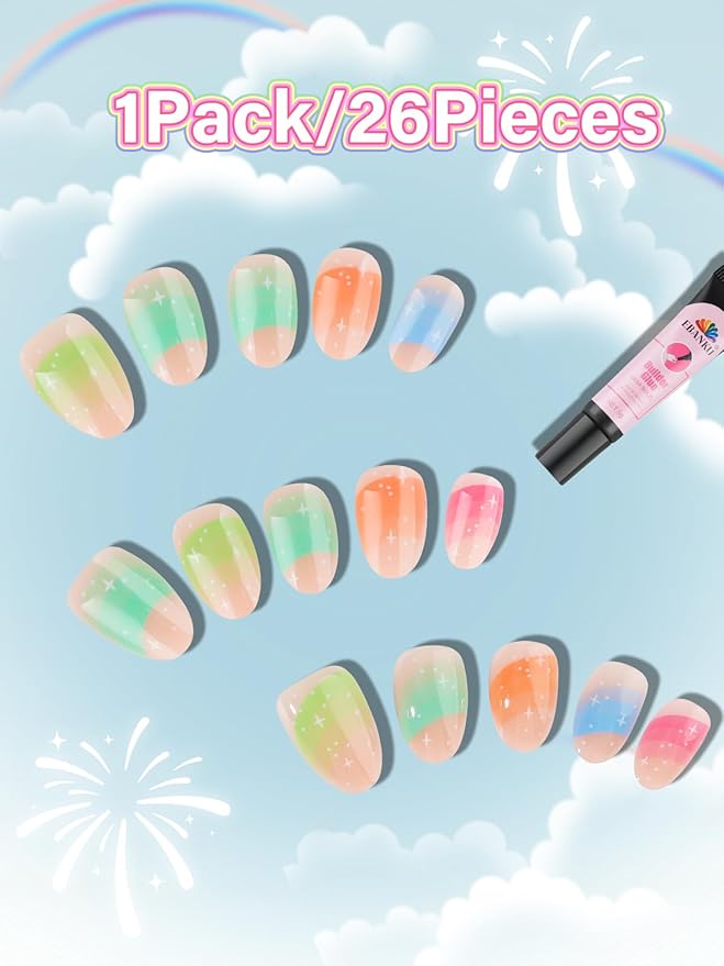 EBANKU 1 Pack Kid Fake Nail Kit, 26 Pieces Press on Nails for Kids Garish Press on Nail Short Artificial False Nail Kits for Girls with Nail Glue