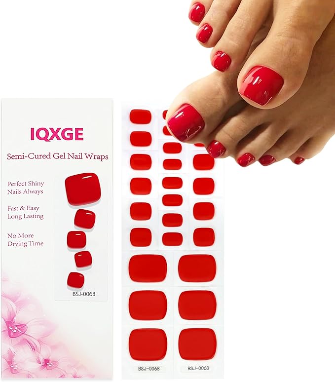 26 Pcs Semi Cured Gel Toe Nail Strips Red Solid Gel Nail Stickers Full Cover Red Nails Wraps Self Adhesive Toe Nails Polish Strips Stickers for Women UV/LED Light Required