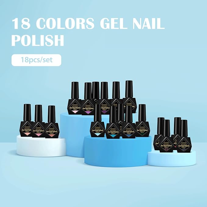 Gel Nail Polish Kit - 18 Colors Soak Off LED/UV Lamp Curing, Long Lasting & Chip Resistant, High Gloss Finish Nail Polish, Trendy Colors for Women & Girls, Salon & Home Manicure