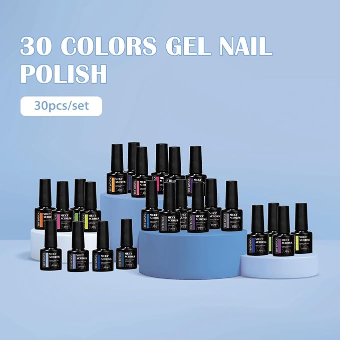 MEET ACROSS Gel Polish Set - 30 Colors Neon Hot Pink Red Green Blue Yellow Nail Polish Soak off Colorful Holidays Collection UV Gel Gifts for Women