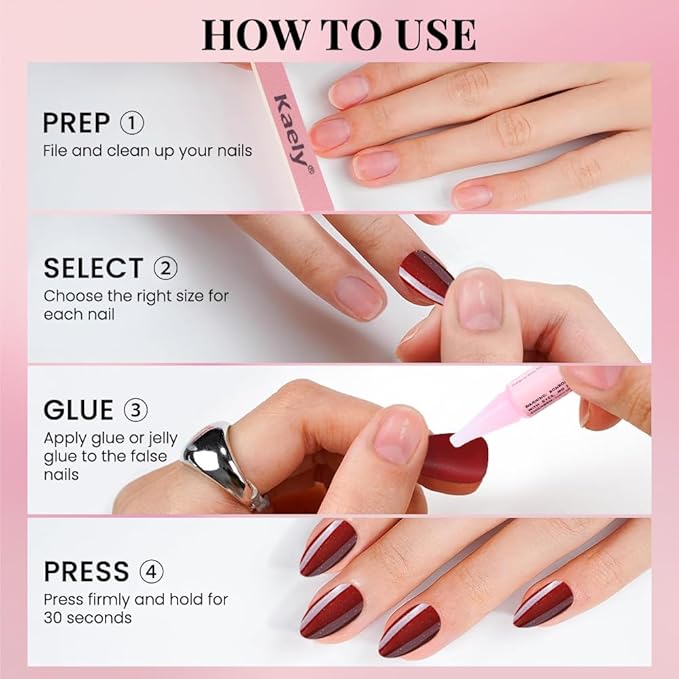 Almond Press On Nails Pearl Finish Wine red Press On Nails Short Glue On Nails for Women Opaque Natural Reusable Stick On Nails 30Pcs 15 Sizes