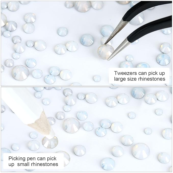 4240Pcs White Opal Flatback Rhinestones 6 Sizes Crystal Diamonds for Nail Art Crafts Clothes Shoes with Tweezers and Picking Pen