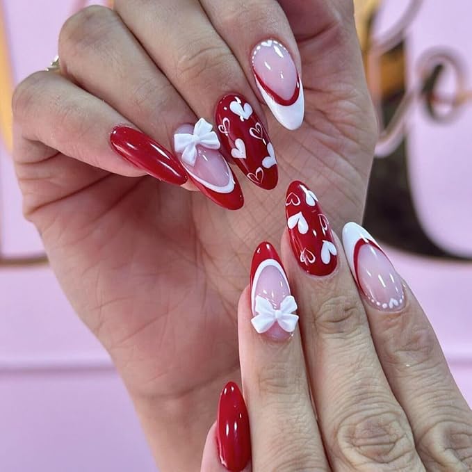 Press on Nails Red - Medium Almond Fake Nails with Heart Bow Design - French Tip False Nails Press ons - for Women 24 Pcs
