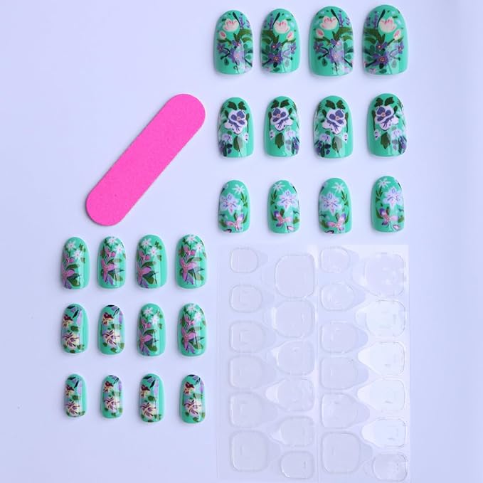 Bright Green Press on Nails Short Oval Fake Nails Intricate Flower Design Spring Summer Nails Press ons,Reusable & Easy Apply Stick on Nails for Women Manicure 24Pcs