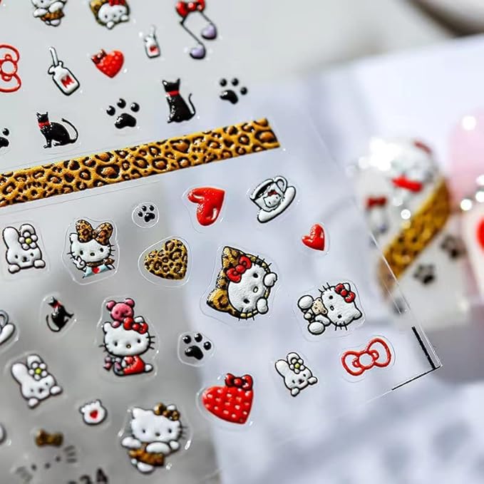 Dedyel Cute Nail Stickers 5D Embossed Cartoon Cat Nail Stickers Kawaii Animal Self-Adhesive Nail Decals for Women Girls Kids Nail Art Decoration