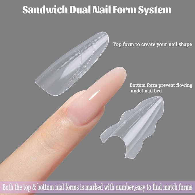 Sandwich Dual Nail Forms for Builder Gel, 180PCS Nail Forms with Brush Pen File Polygel Extension Tools Kit Top & Bottom Dual Form System Guide Lines Tips Professional Manicure Supply (Almond)