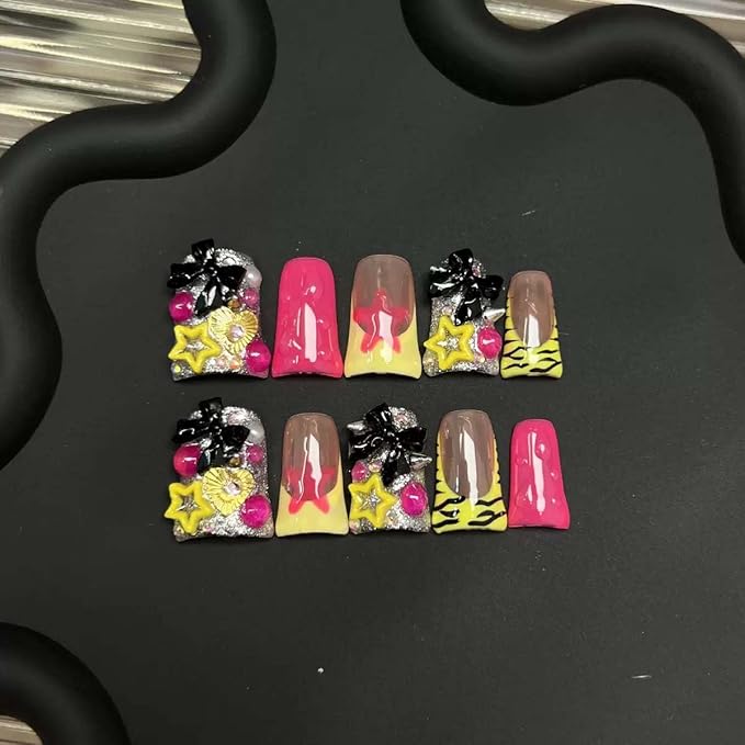 10Pcs Handmade Press On Nails Medium Duck Fake Nails Bow Charms With Star Design Y2k False Nails Full Cover French Tip Artificial Cute Stick On Nail For Women(SIZE:S)