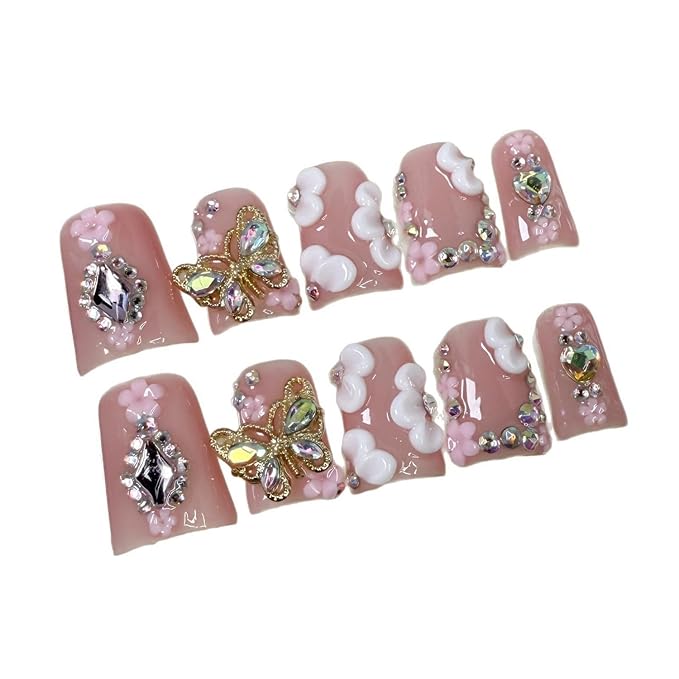 Butterfly Press on Nails Muti-Layer Gel Handmade Press on Nails Full Cover Thickened False Nails Duck Shaped Luxury Rhinestone Flower Fake Nails Designs Stick on Nails for Women Nail Art DIY（S)