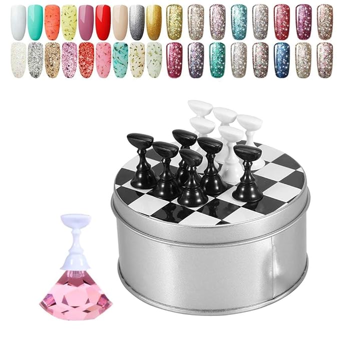Kalolary 1 Set Nail Art Holder Practice Stand for Nail Art Display, Magnetic Nail Stand Tips Holders Crystal Holder Chessboard Fingernail DIY Training Practice Display Stand(Pink)
