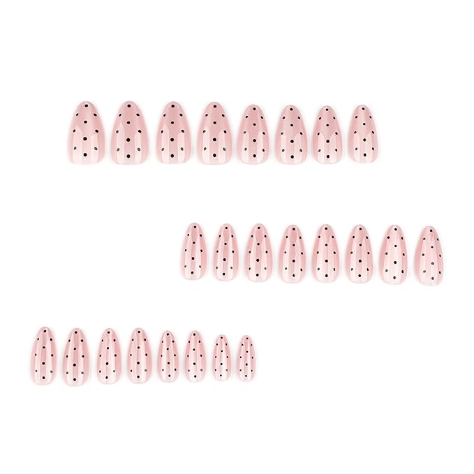 Pink Nude Cat Eye Polka Press On Nails Medium Almond, Salon-Quality Acrylic Fake Nails, Stylish Design, Reusable Stick-Ons, Spring Summer DIY Nail Art Kit for Women | Daily/Party Gift 24 Pcs