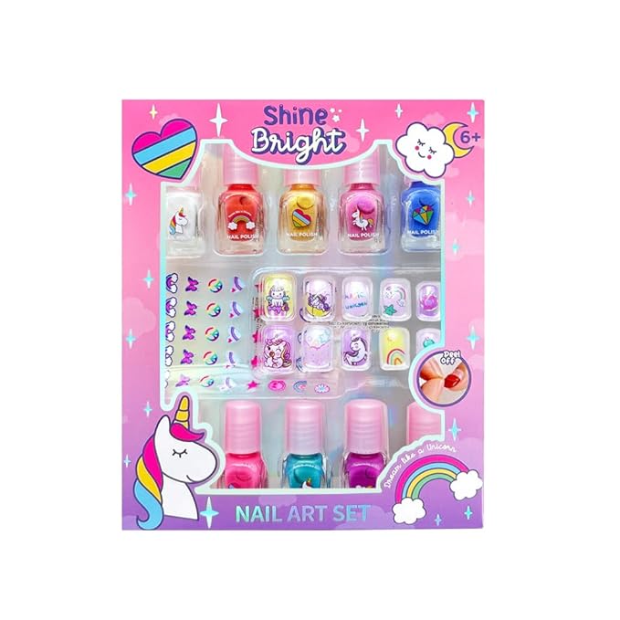 MU Unicorn Fantasy Kids Nail Polish Kit - 10 Water Based Polish Colors and Press On Nails, Quick Dry Peel Off Formula, Magical Unicorn Nail Polish Set for Girls, Birthday Party Gift Set
