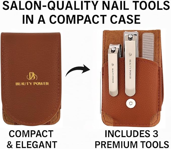 Nail Clippers Set 3 in 1 - Stainless Steel Toe Nail Clippers, Fingernail Clipper, Glass Nail File, Anti Splash, Ergonomic Grip in PU Leather Travel Case for Men & Women - Valentine's Gift