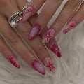 Press on Nails Medium Almond Fake Nails Ombre Red with 3D Flower Design Glossy Full Cover Stcik on False Nails for Women Manicure 24Pcs