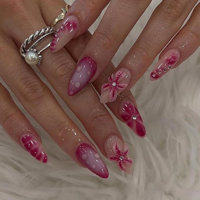 Press on Nails Medium Almond Fake Nails Ombre Red with 3D Flower Design Glossy Full Cover Stcik on False Nails for Women Manicure 24Pcs