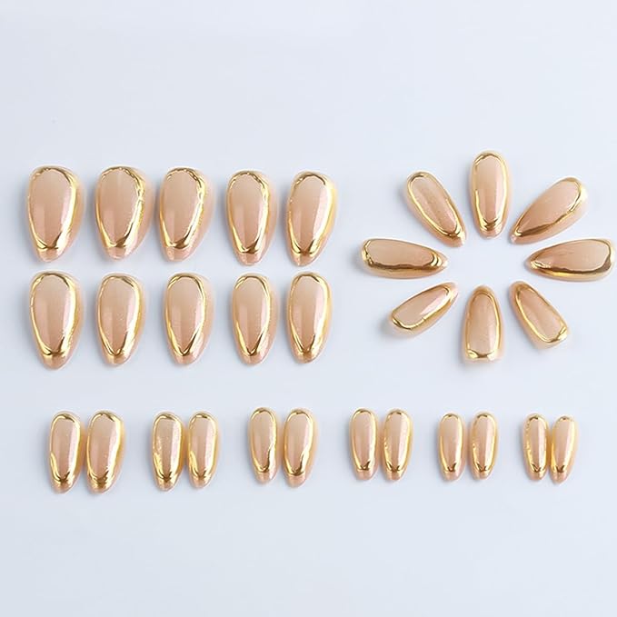 Gold Chrome Press on Nails Medium Almond Fake Nails with Design Full Cover Stick on Nails for Women Manicure,Reusable | Artificial | Nail Sticky Tabs | Easy Apply | 24Pcs