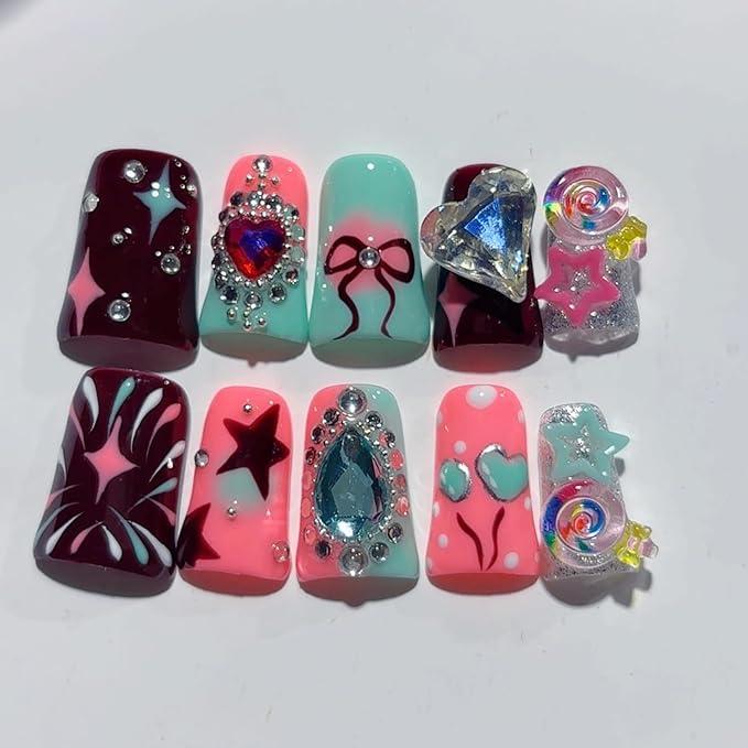 10 Pcs Handmade Press on Nails Duck Medium Fake Nails 3D Rhinestone Designs False Nails with Heart-Shaped Pattern Reusable Artificial Smooth Full Cover Acrylic Stick on Nails for Women Grils (Size M)