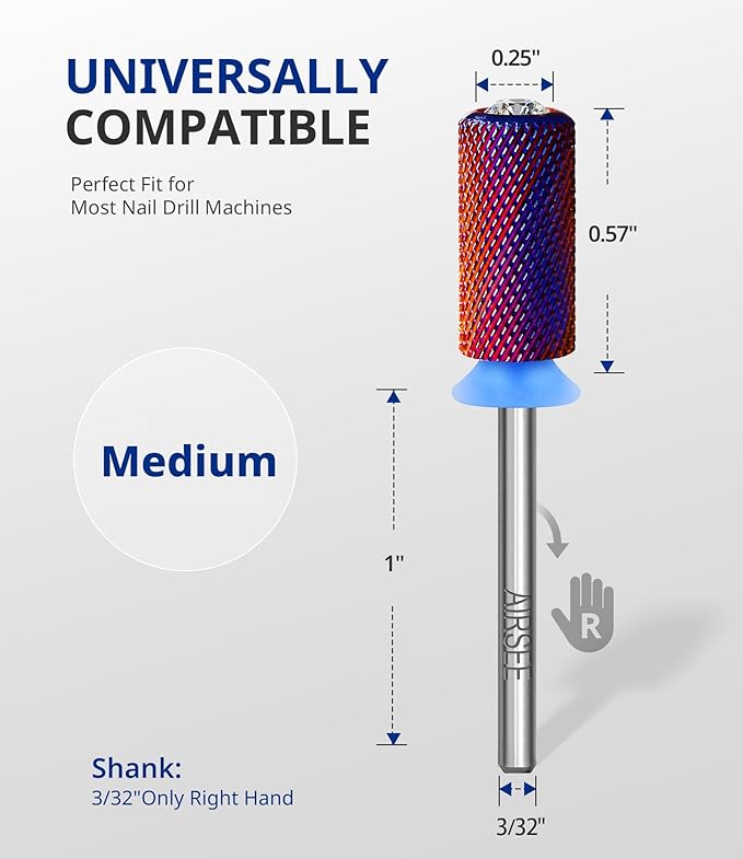 AIRSEE Tungsten Carbide Acrylic Nail Drill Bit Super Cut Bit Efile Electric File Machine Head Tip for Manicure Polishing Art Remove Gel Professional 3/32" Beginner Safety Crystal Top Barrel Medium