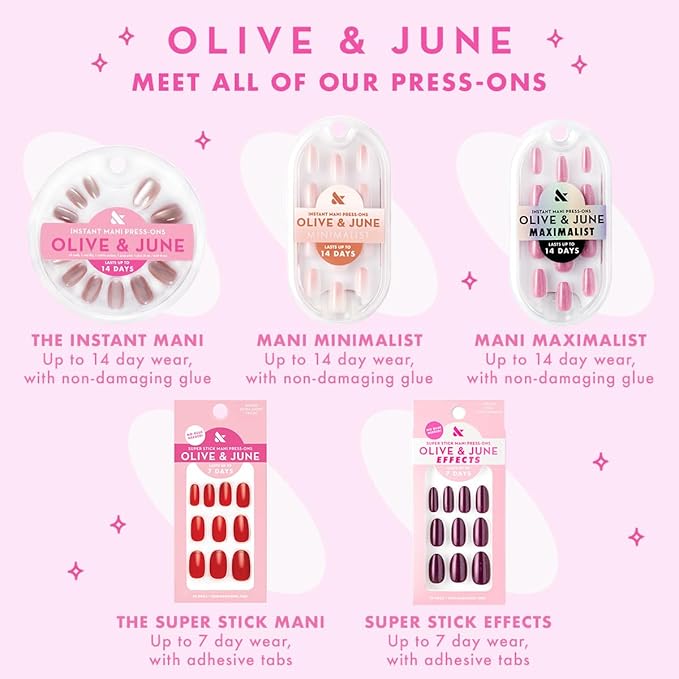 Olive & June Instant Mani Press-On Nails (Glue) | 42 Fake Nails, 21 Sizes | Non-Toxic Long-Lasting Recycled Materials Realistic Look | Salon-Quality at Home | Extra Short, Round | White Chrome