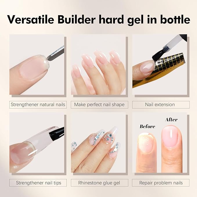 FZANEST Builder Nail Gel Hema & TPO-Free 15ml *2 pcs Clear Hard Gel Extension For Nails Thickening Strengthener Brush on Builder Bottle Soak Off UV Holiday Nail Art Design for Girls