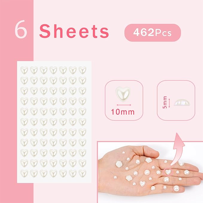 462PCS Pearl Stickers Pearls for Crafting - Self Adhesive Pearls for Hair Face Makeup Eye Nail Crafts, Stick On Gems (6 Sheets, 10mm Heart-Shaped)