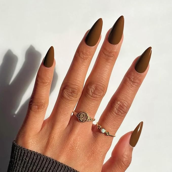 Light Brown Press on Nails Almond Shaped 48Pcs Neutral Thick Fake Nails for Women, Medium Almond Nails Press on Reusable Acrylic Nails Glue on Medium Length Stiletto False Nails Gel Artificial Nails