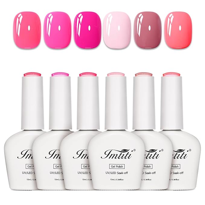 Imtiti Pink Gel Polish Set, 6 Pcs 10ml Same Color Same Bottle Cap Gel Nail Polish Set, Long Lasting 28+ Days, Self-Leveling & Chip-Resistant Nail Art Manicure Salon DIY at Home, Bright Pink(10ml*6)