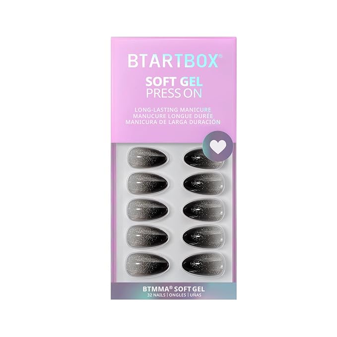 BTArtbox Press On Nails Short - Grave Shine, Sparkle Black Almond Press On Nails with Nail Glue, Soft Gel Glue On Nails in 16 Sizes - 32 Stick On Nails Kit