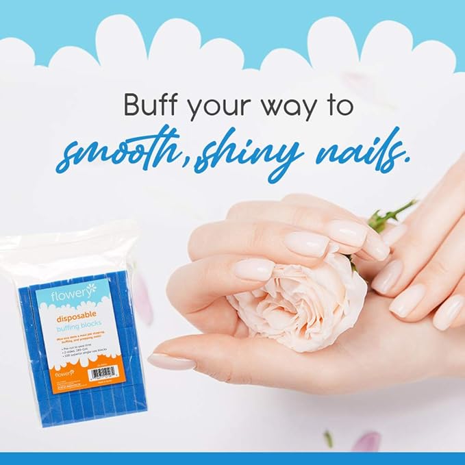 Flowery Disposable Buff Blocks Blue 180/Grit, Nail Polishing Buffer, Nail Care Tool to Prep, Shape and Smooth Nails for Perfect Manicure and Pedicure, 100 pcs (DFBB-100)