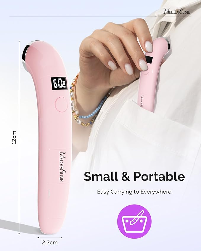 MelodySusie Ergonomic Handheld Cordless UV Nail Lamp with LCD Display & 2 Timers, P-Art01A Rechargeable Mini UV LED Light Flash Cures All Soft Gels, Especially Rhinestone Glue & Liner Gel Pink