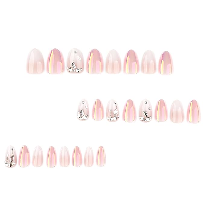 Press on Nails Almond - Ombre White Fake Nails with Rhinestone Design - Medium False Nails Press ons - for Women 24 Pcs