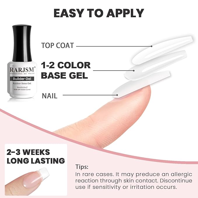 RARJSM Gel Nail Polish Clear Transparent Gel Builder for Nails Rubber Base Hard Gel Nail Polish Sheer Brush on Extend Gel in a Bottle Soak Off UV LED Curing Requires 15ml Salon Home DIY Use