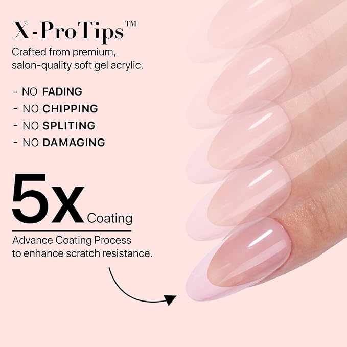 SXC Cosmetics French Tip Press On Nails - Skin Tone Nude and Color Series, Medium Almond X-Pro Tips Starter Kit ST115KIT