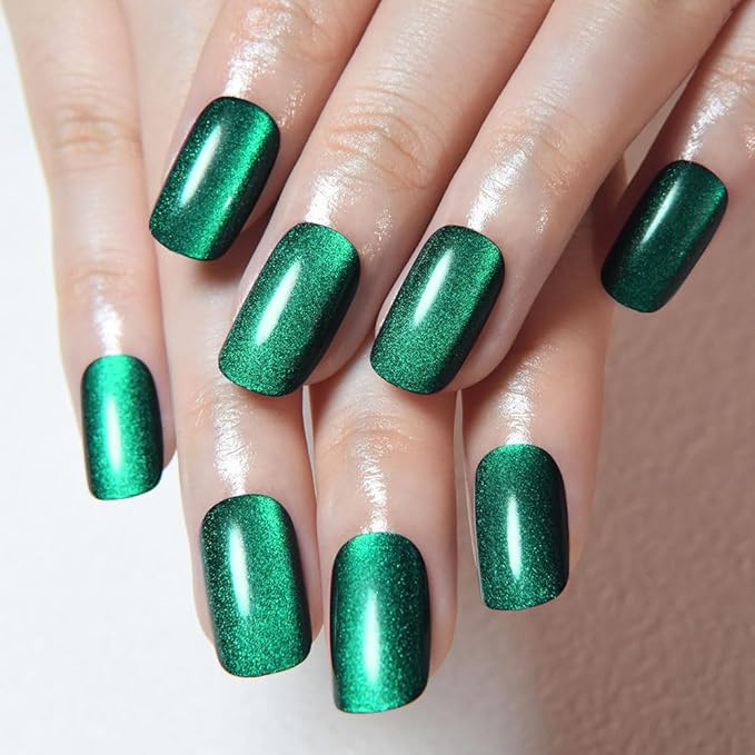 evpct Dark Emerald Green Metallic Cat Eye Press on Nails Square Medium, Stick on Nails Medium Length Square for Women, Green Metallic Nail press ons, Iridescent Glitter Acrylic Fake Press on Nail