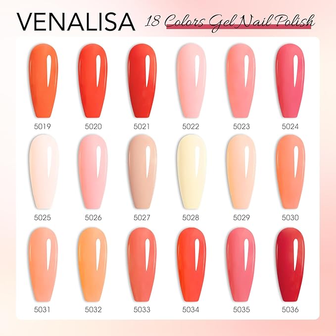 VENALISA V2 22 Pcs 10 ML Red Orange Gel Nail Polish Set with Color Card, Pink Red Orange Gel Polish Kit Nail Art Starter Manicure Salon DIY at Home