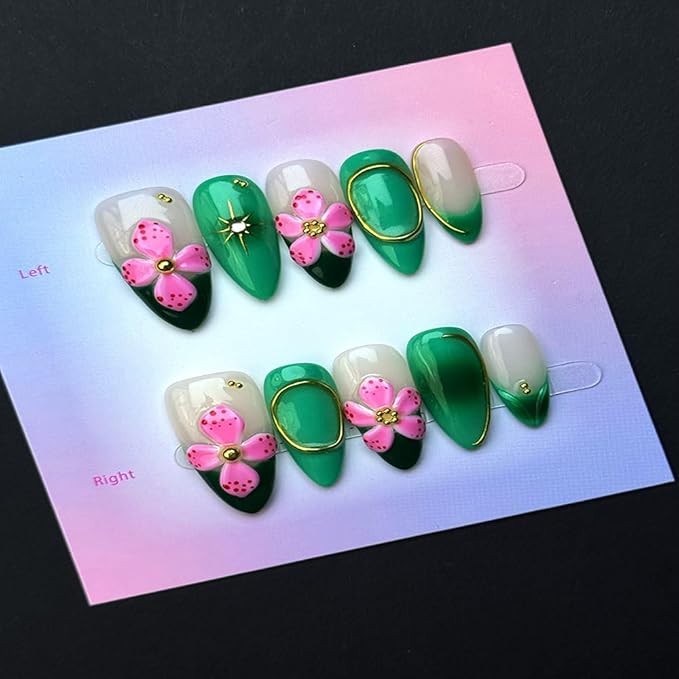 100% Handmade Press on Nails Medium Almond Handmade Nails with Rhinestone Pink Flower Charm Design Green Fake Nails Gold Lines Nail Press ons Reusable Spring Summer Acrylic Nail for Women Size M 10Pcs