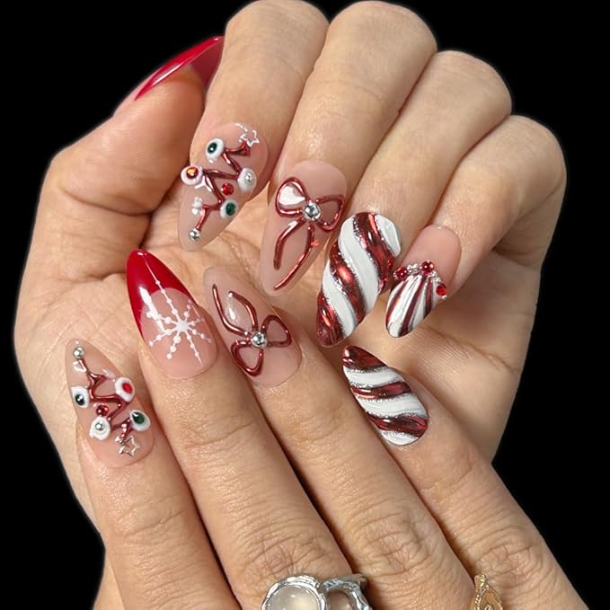 Press On Nails - Handmade Almond short Nails, Painting French 3D Stars Art Design press ons, Reusable Artificial False Nails for Women 10 Pcs Acrylic Nails Kits(Size S)