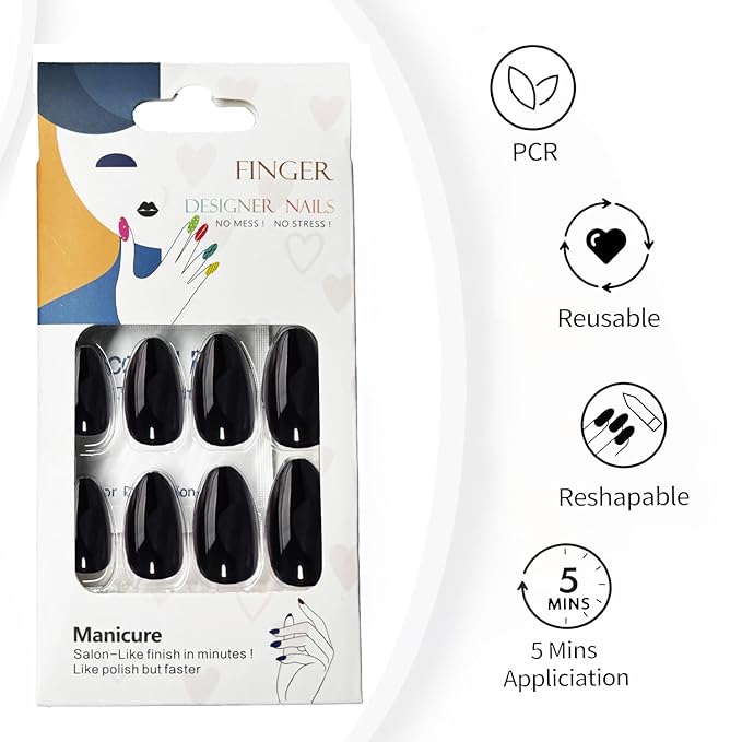 Black Press On Nails Almond -Short Press On Nails with Nail Glue, Fit Perfectly & Natural Reusable Stick On Nails in 12 Sizes - 24PCS Soft Gel Glue On Nails Kit