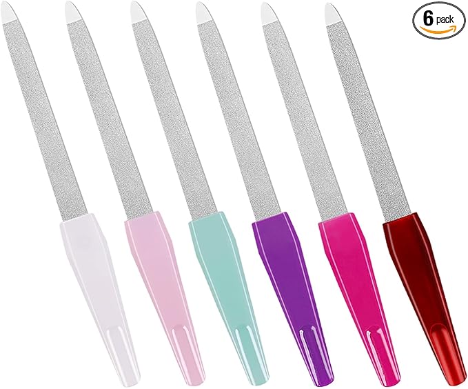 Nail Files for Natural Nails (6 PCs), Sword Metal Nail Files Made of Stainless Steel with Non Slip Handle, Double Sided Fingernail Files Sapphire Grit for Natural Nails Toenail Color Mix