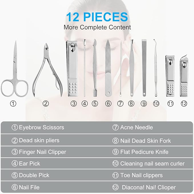 Manicure Pedicure Set - Nail Clippers Toenail Clippers Kit,Professional Manicure Kit Pedicure Kit,Nail Care Kit with,Travel Case, Set of 12