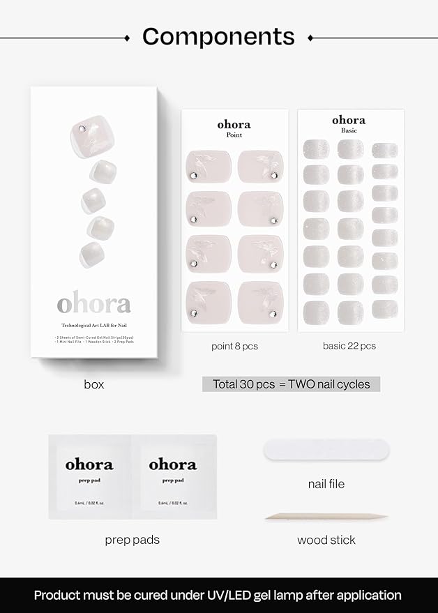 ohora Semi Cured Gel Pedi Strips (P Whisperfly) - Works with Any Nail Lamps, Salon-Quality, Long Lasting, Easy to Apply & Remove - Includes 2 Prep Pads, Nail File & Wooden Stick