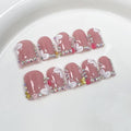 Handmade Square Press on Nails Short Rhinestone French Tip Fake Nails with Luxury 3D Flower Designs Muti-Layer Gel False Nail Full Cover Acrylic Nails Stick on Nail for Wome (Size M)