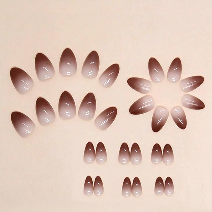 Fall Press on Nails Short Almond Fake Nails Ombre Brown False Nails Press ons with Designs Chrome Acrylic Glossy Full Cover Glue on Nails Cute Artificial Stick on Nail for Women Decoration 24 Pcs