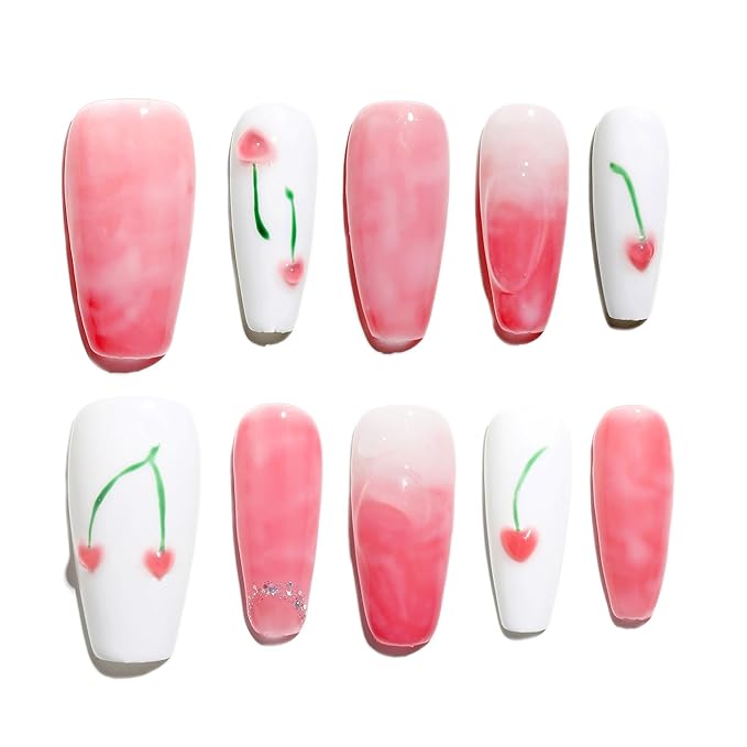 Sun&Beam Nails Handmade Press-on Medium Coffin Ballerina Pink Green White Minimalist Flower Gradation Design Fashion False Nail Tips 10 Pcs Set (#171 S)